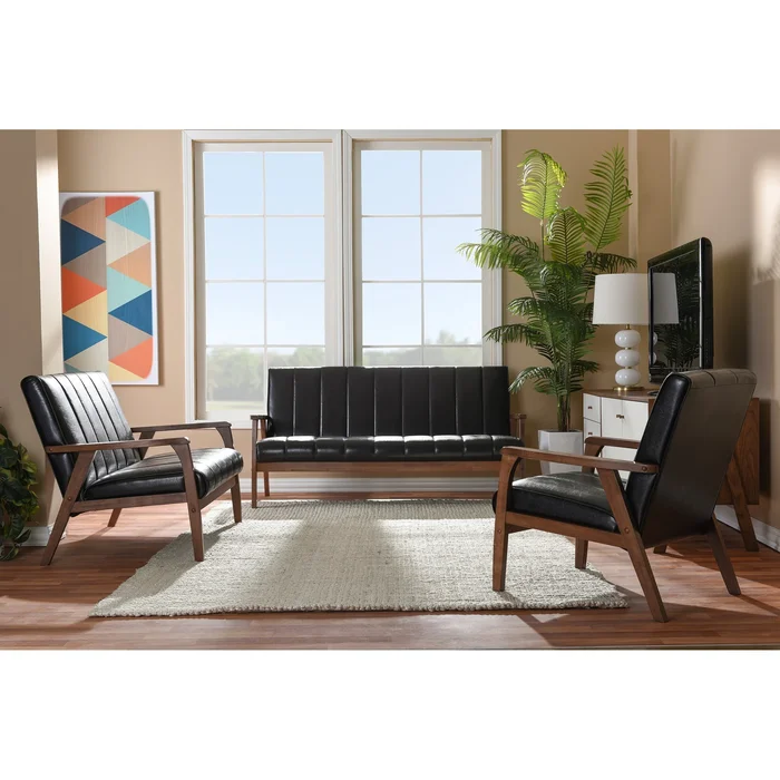 Baxton Studio Nikko Mid-century Modern Scandinavian Style Dark Brown Faux Leather Wooden 3-piece Sofa Set