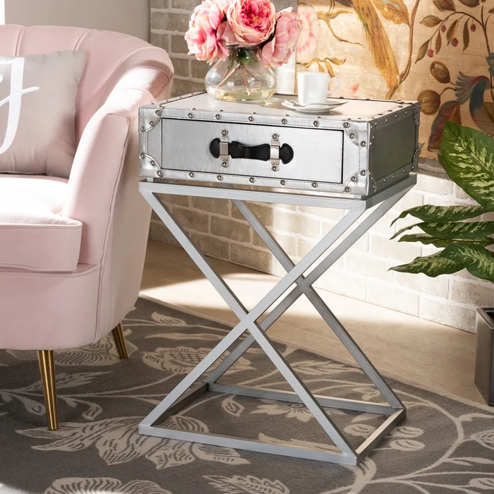 Baxton Studio William Modern French Industrial Silver Metal 1-Drawer End Table