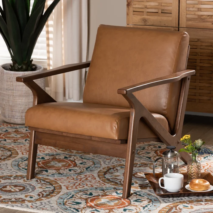 Bianca Mid-Century Modern Finished Wood Faux Leather Lounge Chair