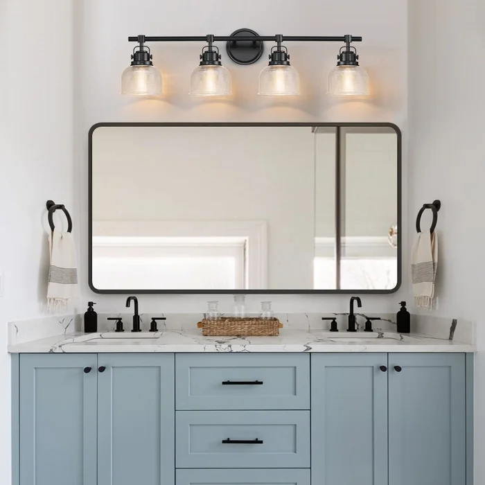 Black Bathroom Vanity Wall Light with Clear Prismatic Glass Shade