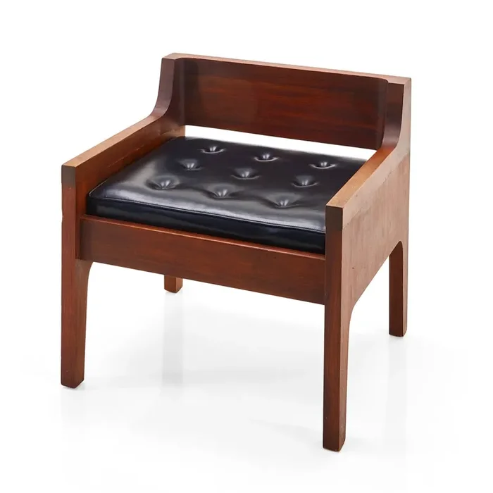 Black Leather & Wood Mid Century Low Back Chair