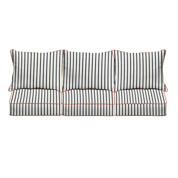 Blue White Stripe with Melon Pillow Indoor/Outdoor Corded Sofa Set – 25 in x 69 in x 27 in