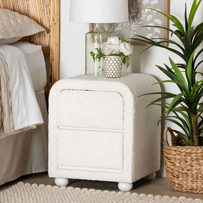 Bonilla Modern White Teddy-Bear Fabric and Rubberwood 2-Drawer Nightstand