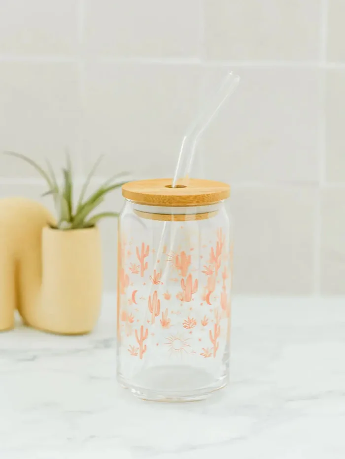 Cactus Glass Can With Lid & Straw