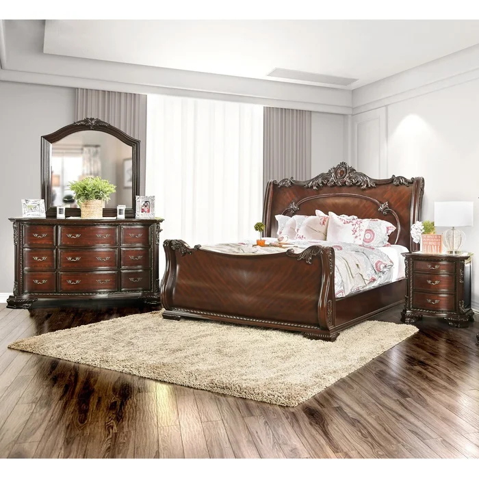 Cane Traditional Cherry Solid Wood 4-Piece Sleigh Bedroom Set by Furniture of America