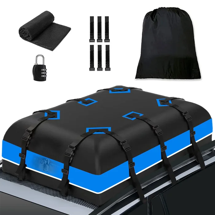 Car Rooftop Cargo Carrier Bag, 15 Cubic Feet Waterproof Car Luggage Roof Carrier for top of All Vehicle, Including Anti-Slip Mat, Storage Bag, 6 Door Hooks, Luggage Lock.