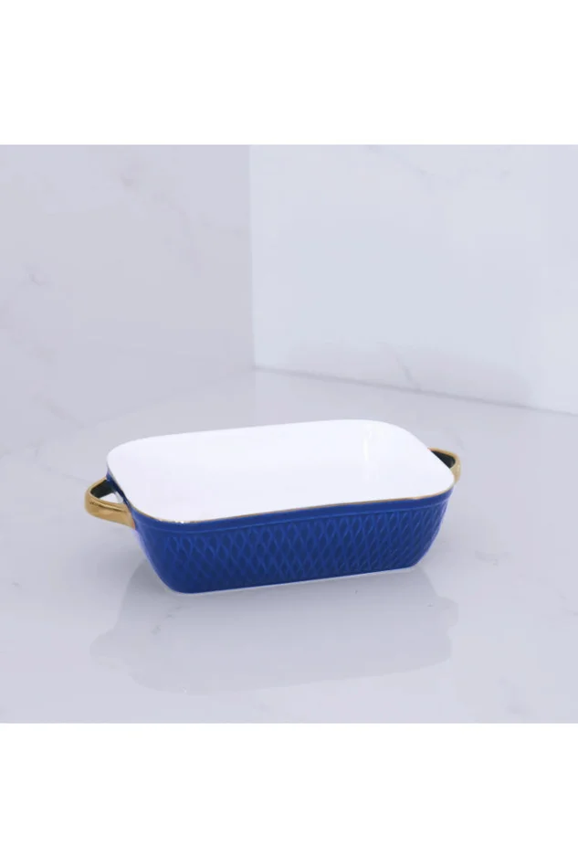 CERAMIC Small Rectangular Baker with Gold Handles (Blue)