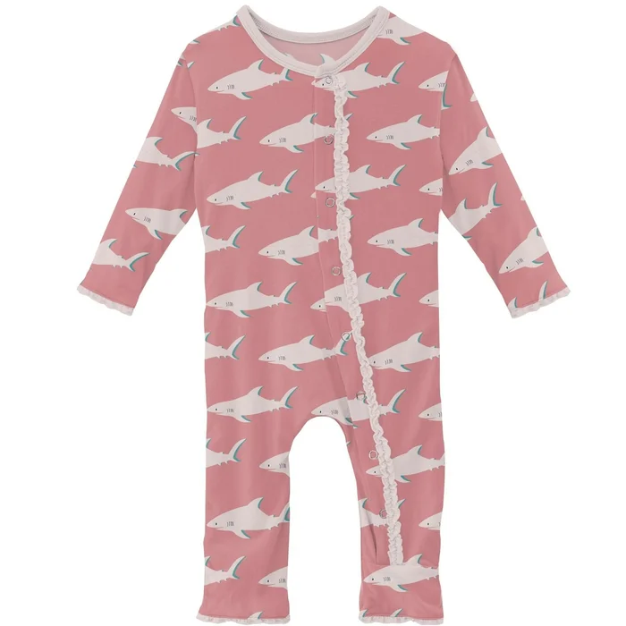 Coverall with Muffin Ruffles (Snaps/Zipper) – Strawberry Sharky
