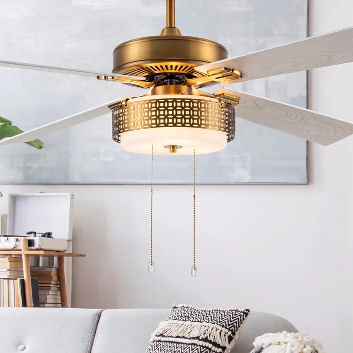 Dinah River of Goods Brass and Glass 52-Inch Ceiling Fan with Light – 52″ x 52″ x 12.5″/17.5″