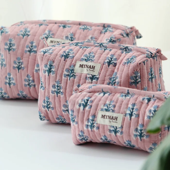 Dusty Pink Blue Floral Cosmetic Bag