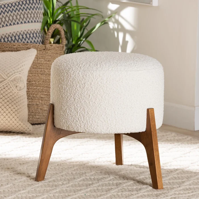 Elkie Japandi Cream Boucle Fabric and Walnut Brown Finished Wood Ottoman Footstool