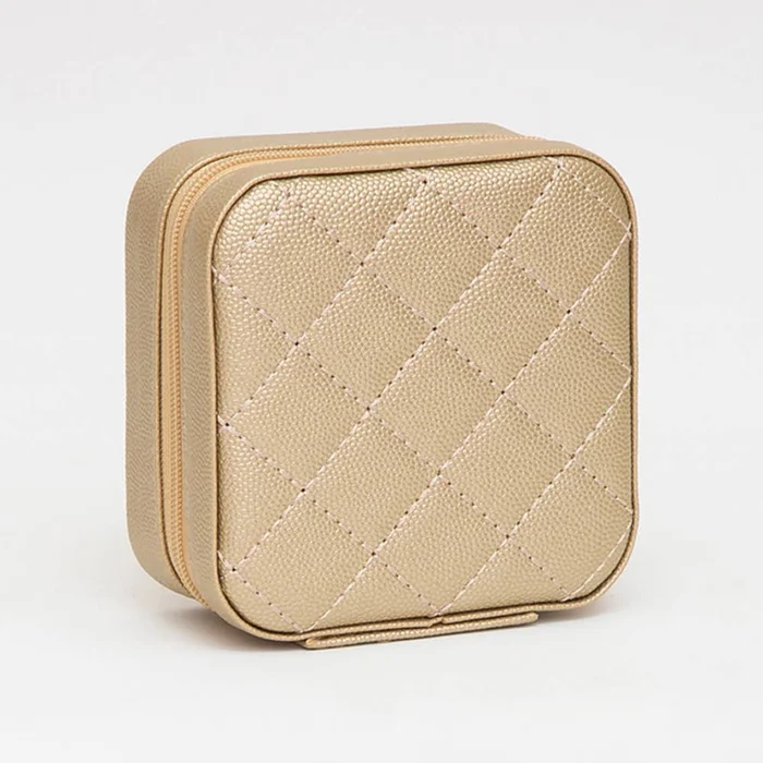 Faux Caviar Leather Portable Square Jewelry Box : Gold