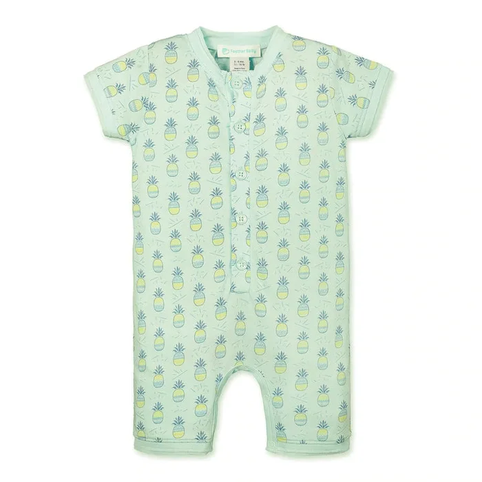 Feather Baby Henley Romper, Pineapples On Aqua