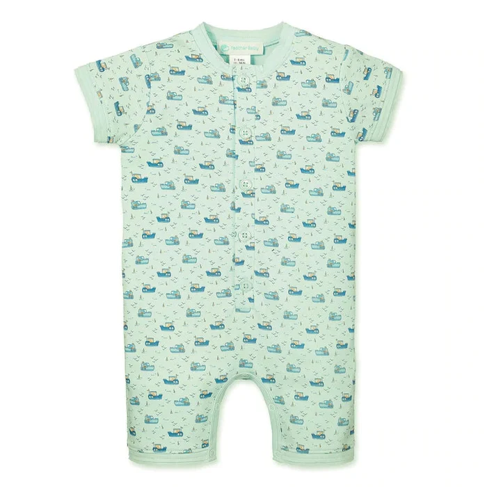 Feather Baby Henley Romper, Tugboats On Aqua
