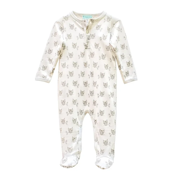 Feather Baby Owls Grey On White Henley Footie