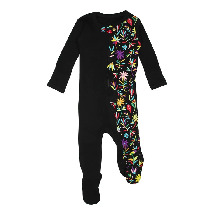 Footie (Zipper) – Black Floral Embroidered
