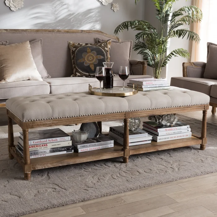 French Country Beige Linen Bench by Baxton Studio