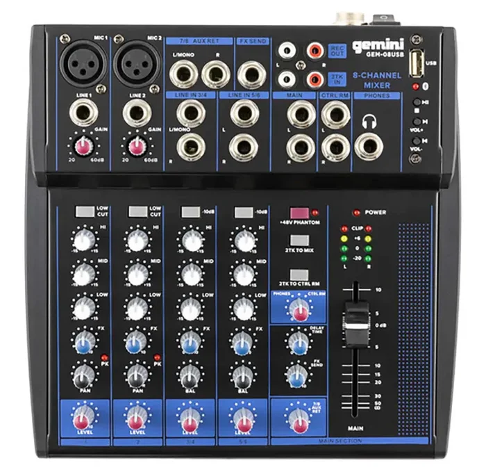Gemini Sound GEM-08USB, Compact 8-Channel Bluetooth Audio Mixer with USB