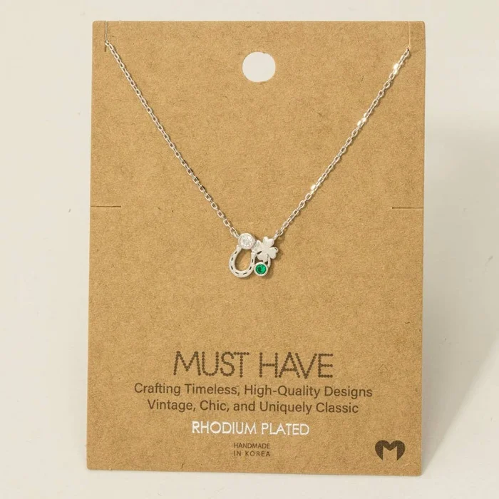 Gold Dipped Horseshoe and Clover Pendant Chain Necklace: Silver
