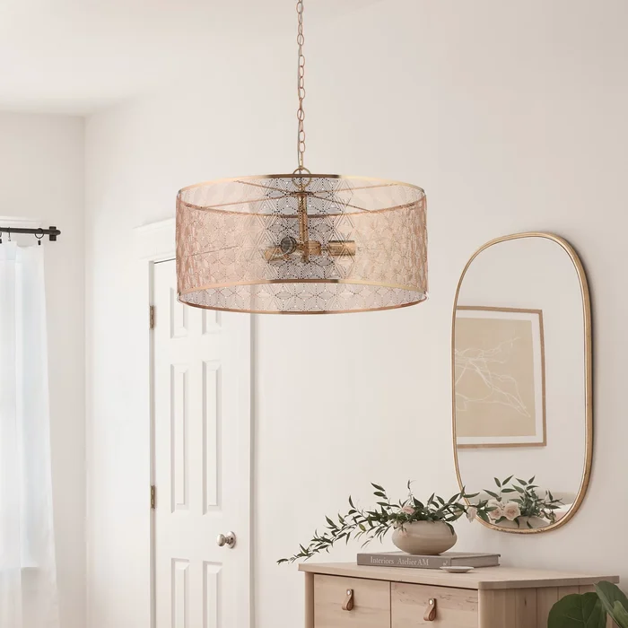 Haileigh River of Goods Gold Metal Drum-Shade Hanging Chandelier – 23.625″ x 23.625″ x 16/63″