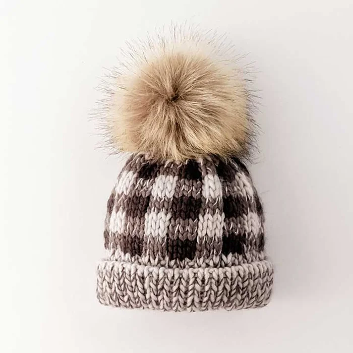Hat (Knit Beanie) – Grey Buffalo Check Pompom
