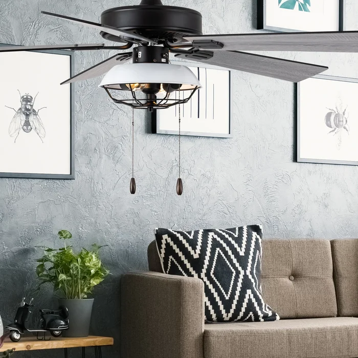 Hudson River of Goods White and Black Metal 52-inch 2-Light Ceiling Fan – 52″ x 52″ x 13.5″/18.5″