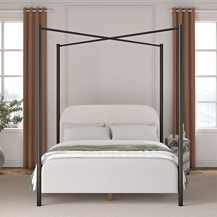 Isla Grey Upholstered and Metal Queen Platform Canopy Bed Frame