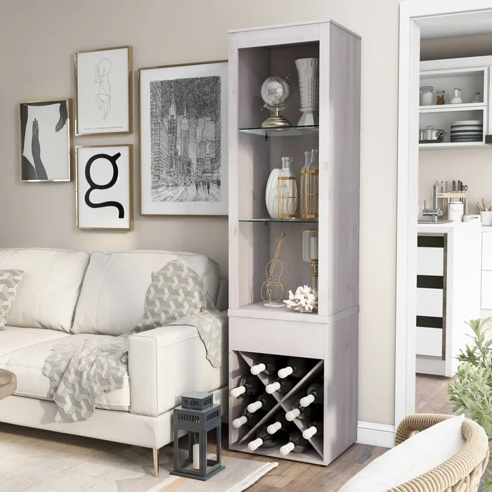 Jessica Farmhouse White Oak LED Light Multi-Storage Curio with Wine Rack by Furniture of America