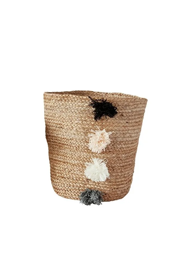 JUTE BRAIDED BASKET W/ POM POMS LARGE