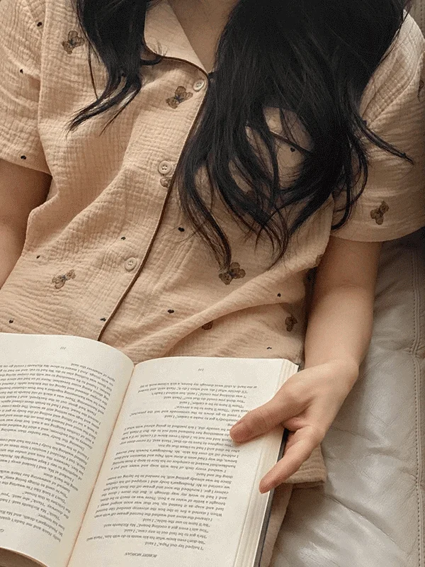 JUUNEEDU J’eu Mandy Bear Crinkled Cotton Short-Sleeve Pajama Set – 3 Colors