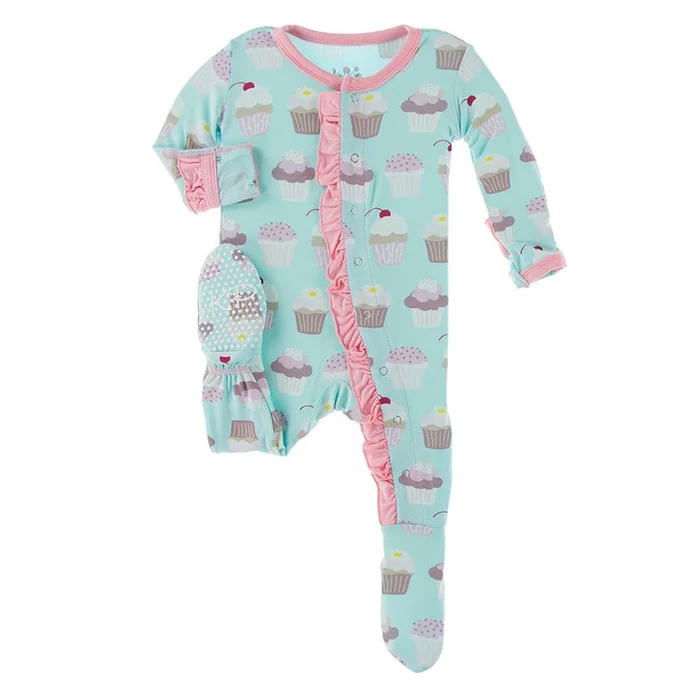 Last One – 6/9 Months: Footie with Classic Ruffles (Snaps) – Summer Sky Cupcakes