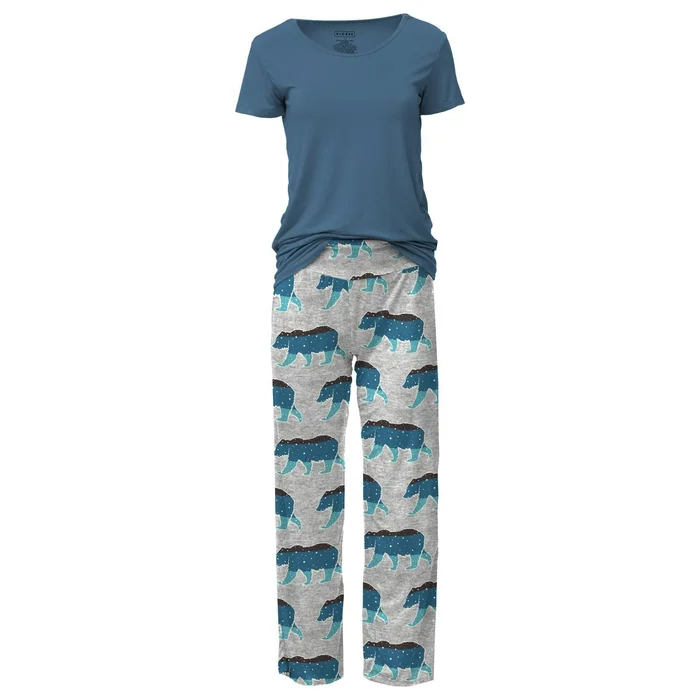 Last One – Size 3XL: Women’s Loosey Goosey Pajama Set (Short Sleeve) – Heather Mist Night Sky Bear