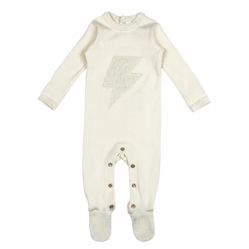 Last One – Size Preemie-NB: Footie – Velveteen Graphic Bolt Beige