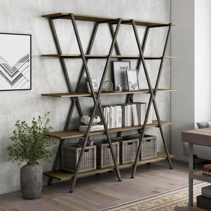 Leighton Industrial Oak and Gun Metal 5-Shelf Bookcase by Furniture of America