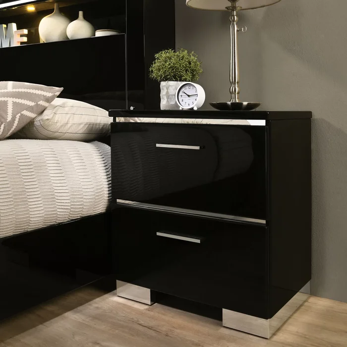 Lofa Modern Glossy Black Wood 2-Drawer Nightstand with USB Ports by Furniture of America