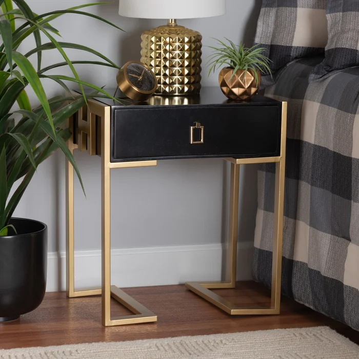 Luna Contemporary Glam and Luxe Black Finished Wood and Gold Metal End Table