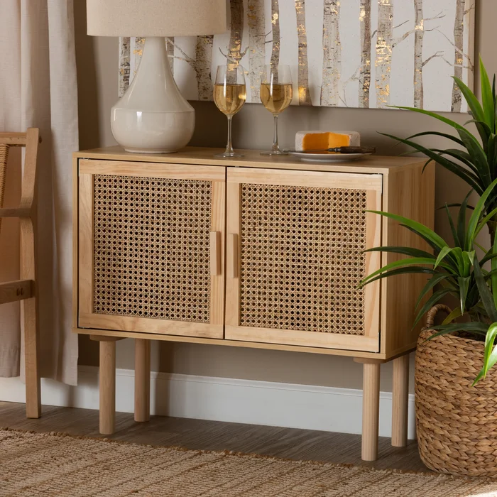 Maclean Mid-Century Modern Rattan and Wood Sideboard Buffet
