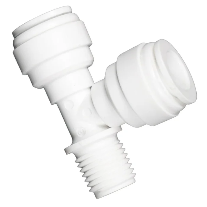 Male Run Tee Acetal 3/8 qc x 1/4 MNPT Run x 3/8 qc Branch