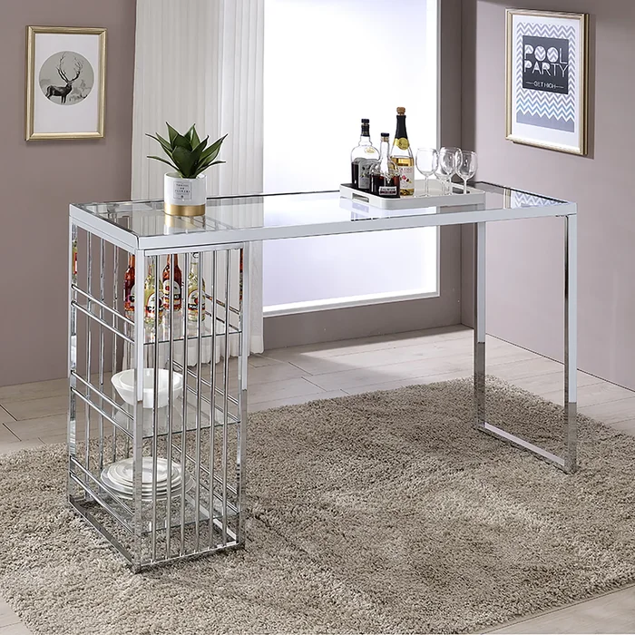 Marburry Contemporary Chrome 65-inch Wide Glass Top Bar Table by Furniture of America