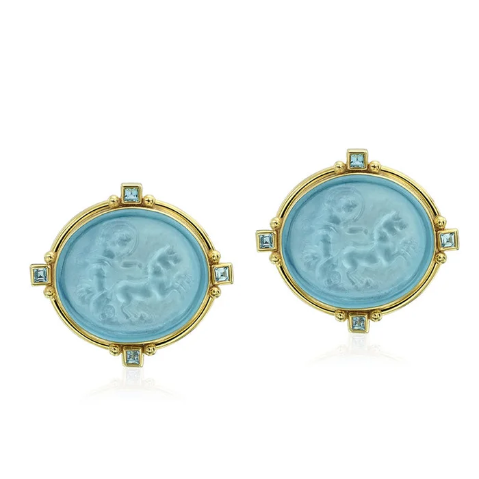 Mazza Venetian Glass & Blue Topaz 14Kt Gold Clip/Post Earrings