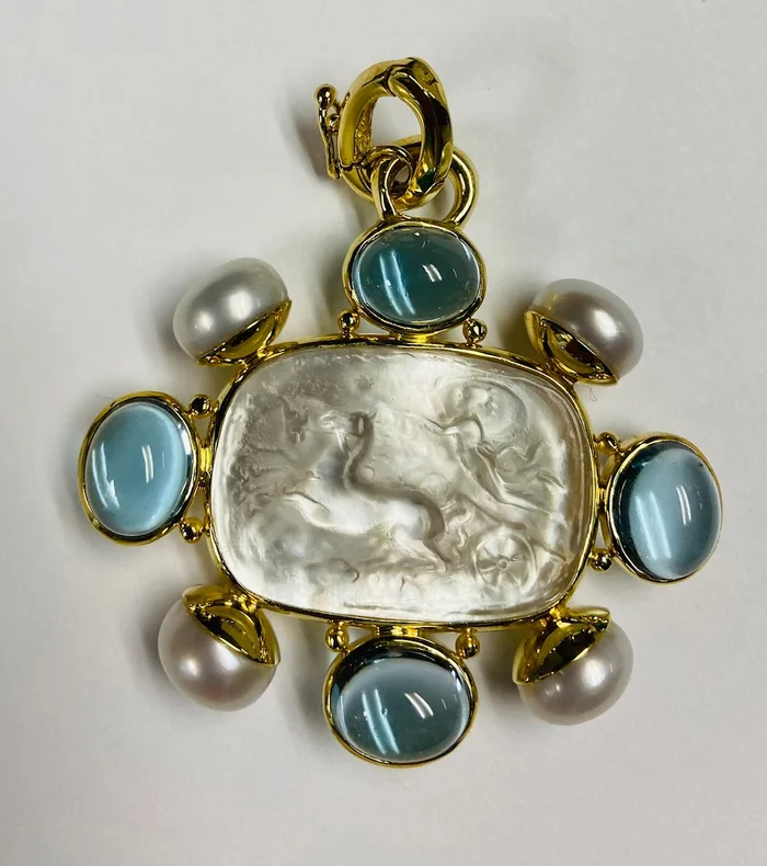Mazza Venetian Glass Murano Mother Of Pearl & Blue Topaz, Freshwater Pearl 14 Kt. Gold Pendant