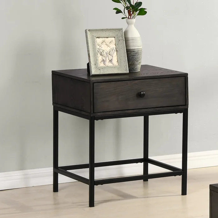 MDF End Table with Charging Ports and Metal Base in Espresso and Black