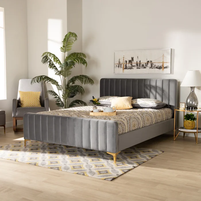 Nami Modern Light Grey Velvet and Gold Finished Platform Bed