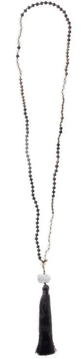 Necklace – Hand-Knotted Stone, Crystal & Tassel – Black