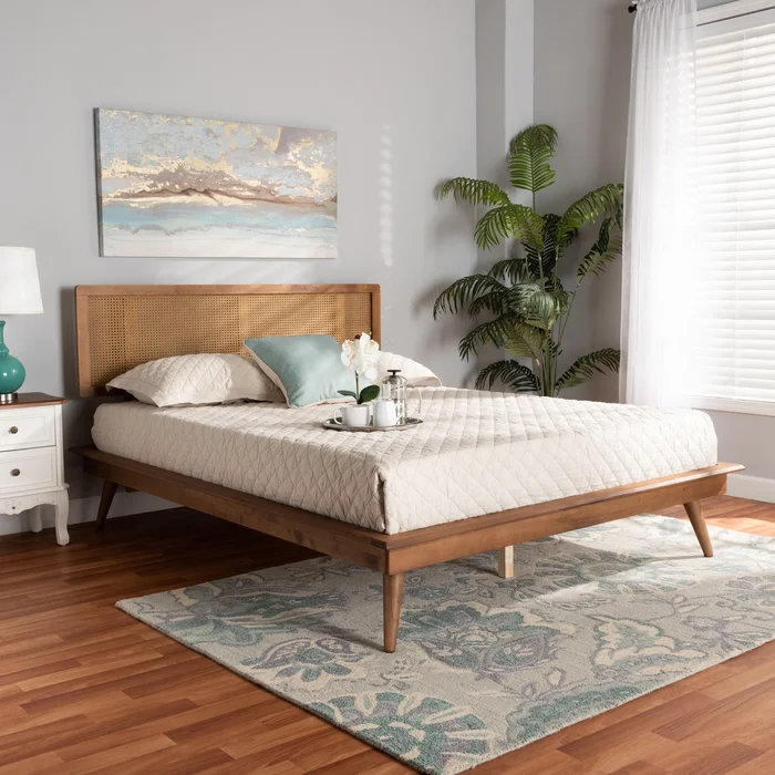 Nura Mid-Century Walnut Brown Wood and Rattan Platform Bed – Full