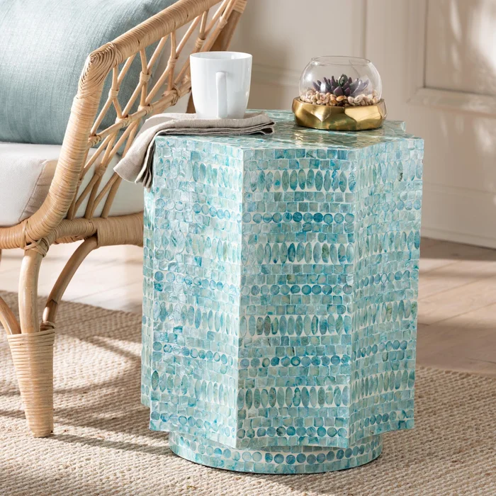 Olesia Modern Bohemian Blue Mother of Pearl End Table