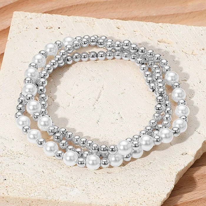 Pearl Metal Ball Bead Stretch Multi Layered Bracelets: Silver 3 Piece