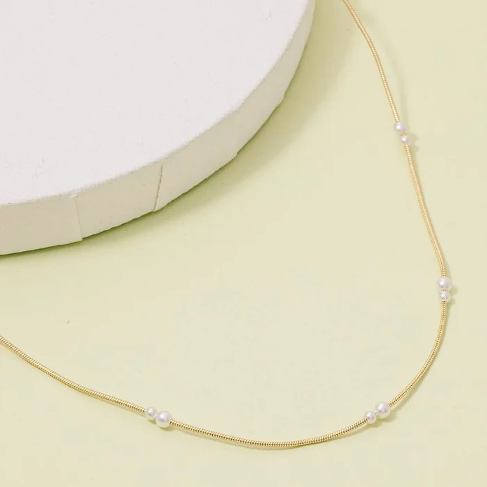 Pearl Station Beads Dainty Box Chain Necklace: Gold