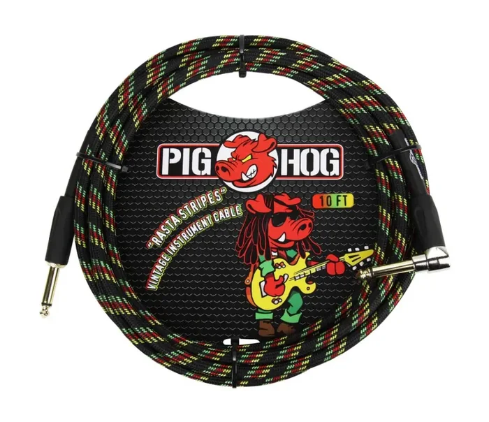 PigHog PCH10RAR Vintage Series 10ft Woven Instrument Cable – Rasta Stripes Online