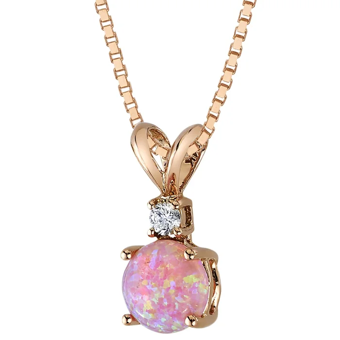 Pink Opal Natural Diamond Pendant in 14k Rose Gold Round Shape